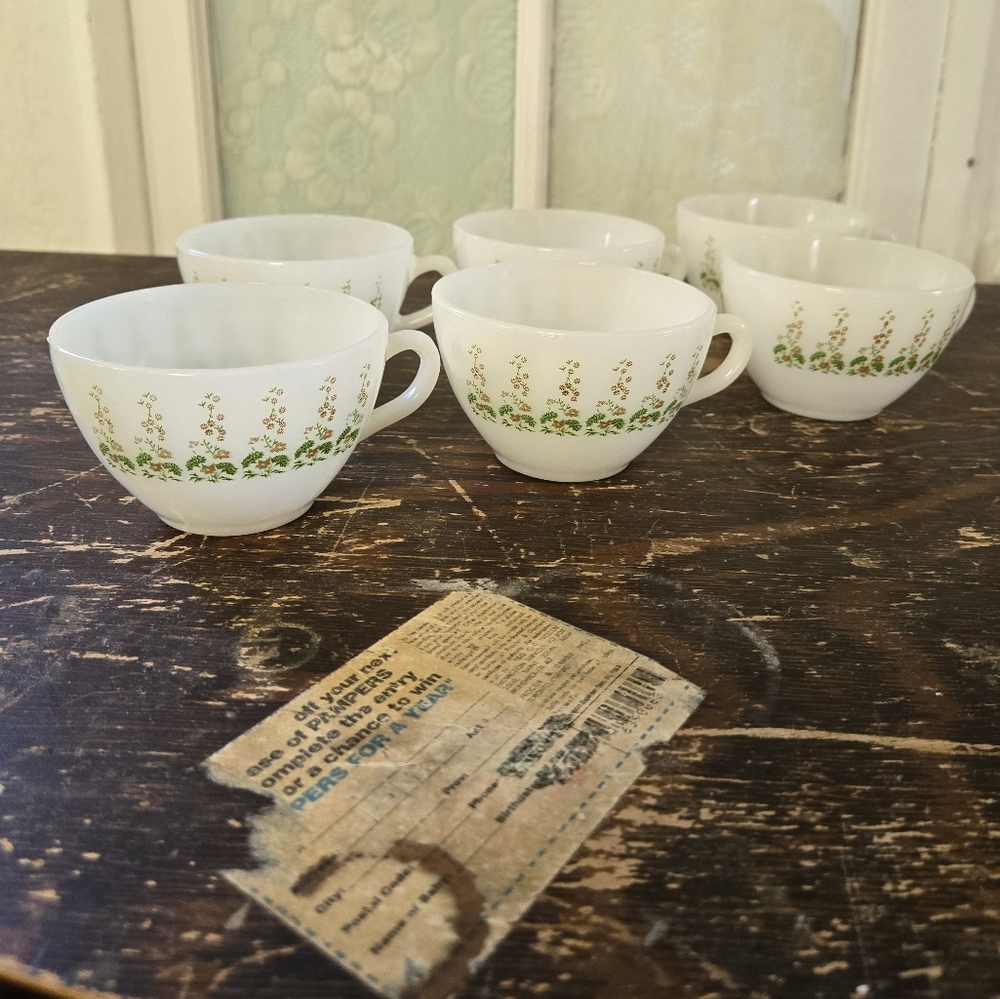 Fire-King Primrose Floral Milk Glass Handled Cups Set of 6